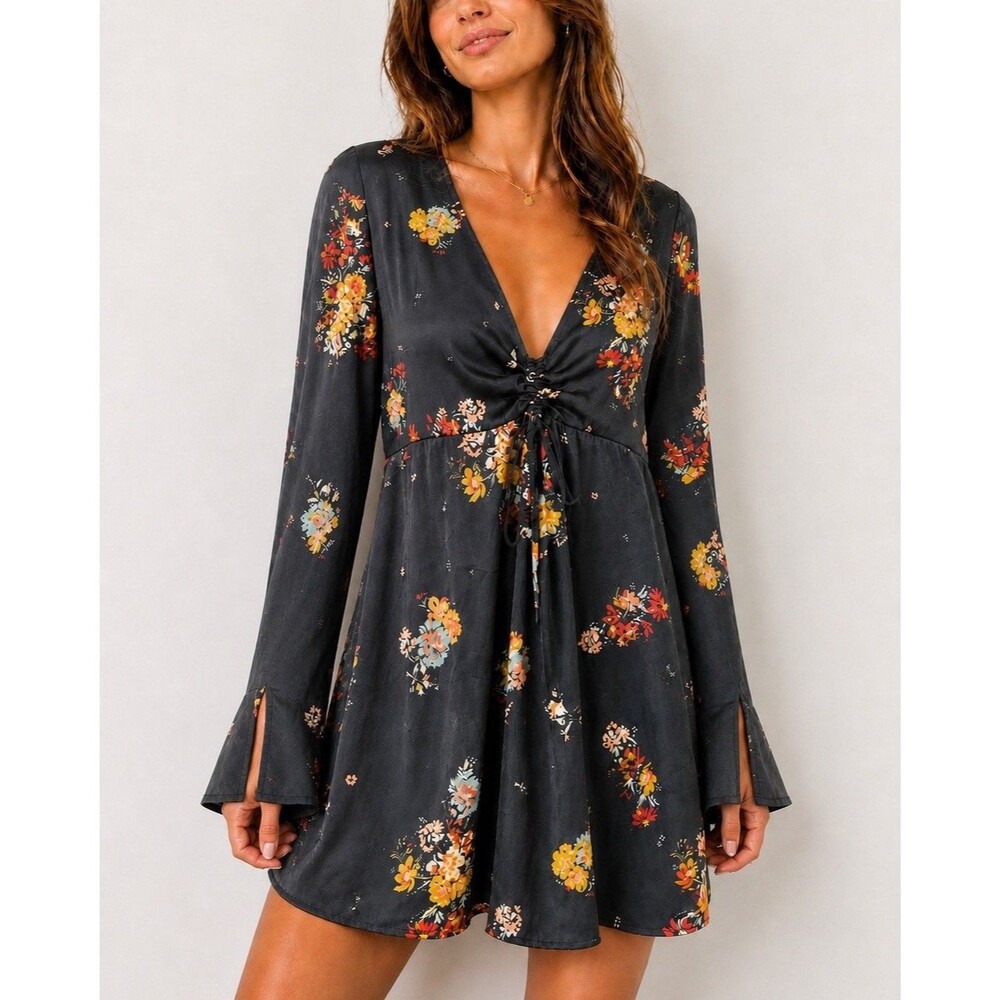 Free People Floral Bell Sleeve Boho Ruched Tie Front Mini Dress Small